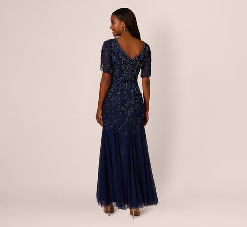 Beaded Mermaid Gown With Sheer Petal Sleeves In Light Navy