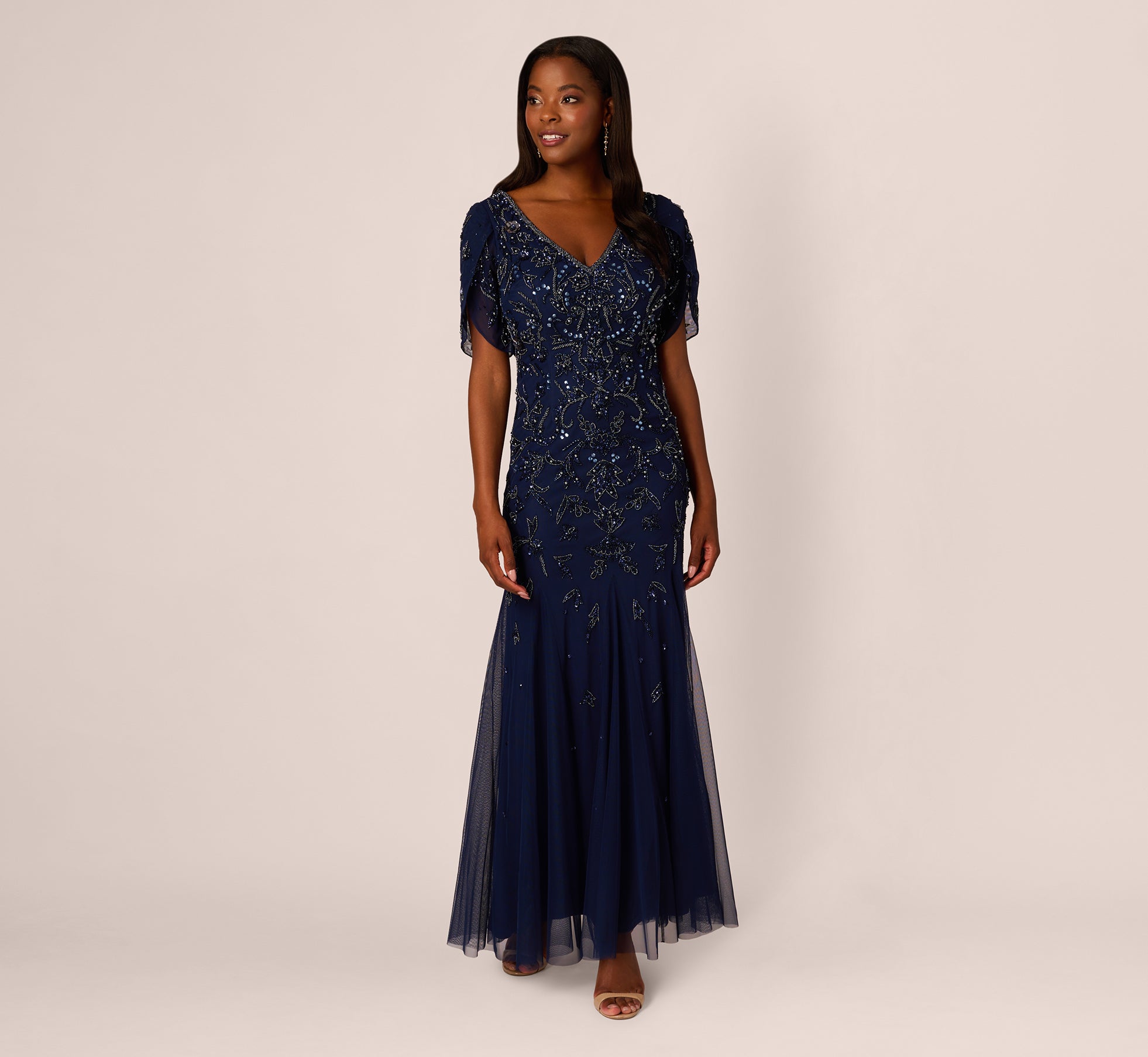 Beaded Mermaid Gown With Sheer Petal Sleeves In Light Navy 1