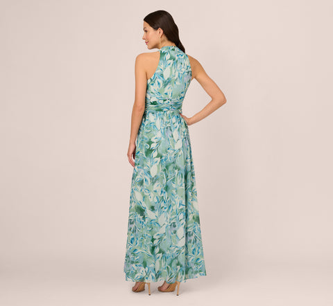 Leaf Print Chiffon Shirred Gown With Halter Neckline In Slate