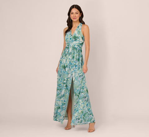 Leaf Print Chiffon Shirred Gown With Halter Neckline In Slate