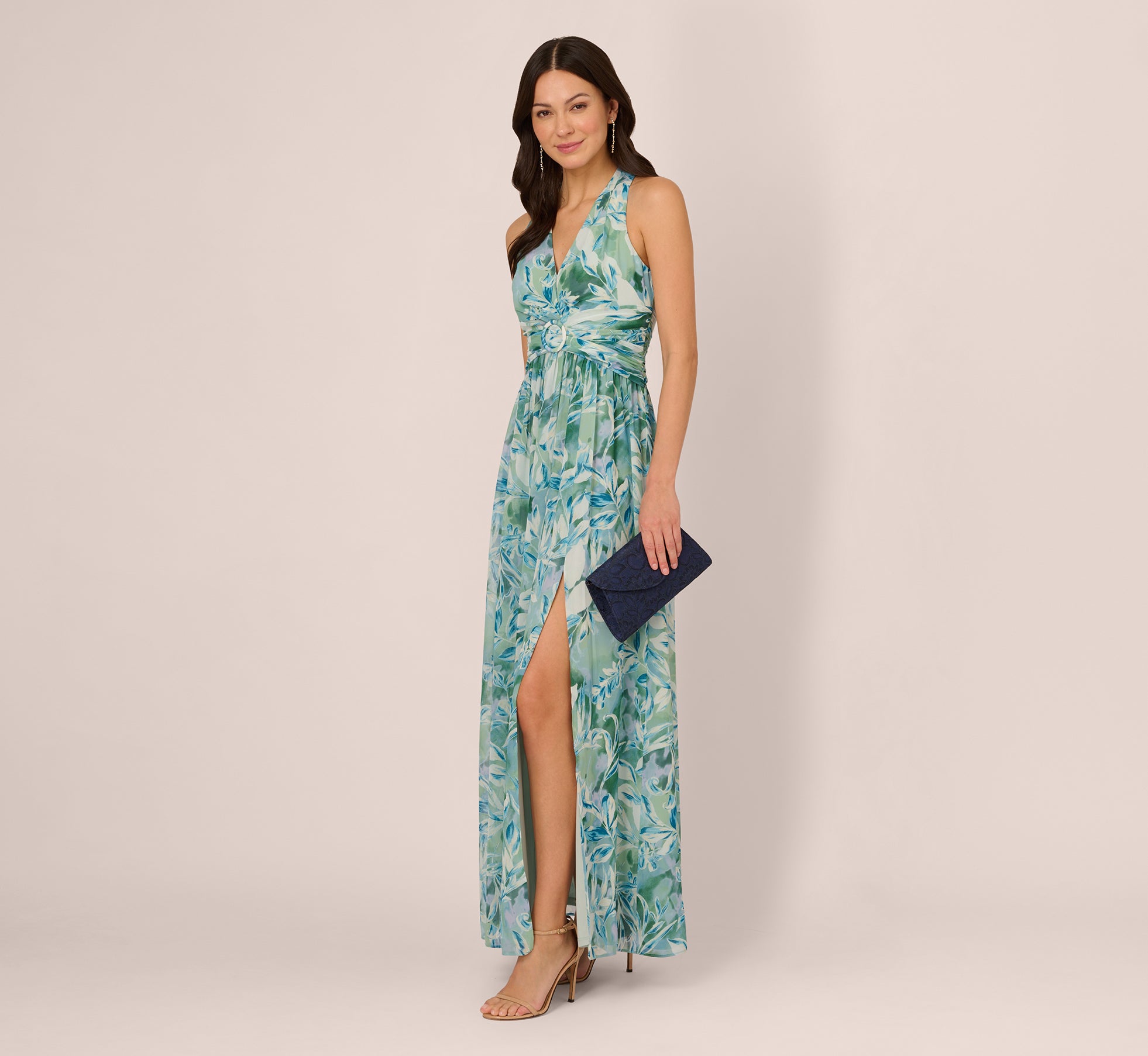 Leaf Print Chiffon Shirred Gown With Halter Neckline In Slate