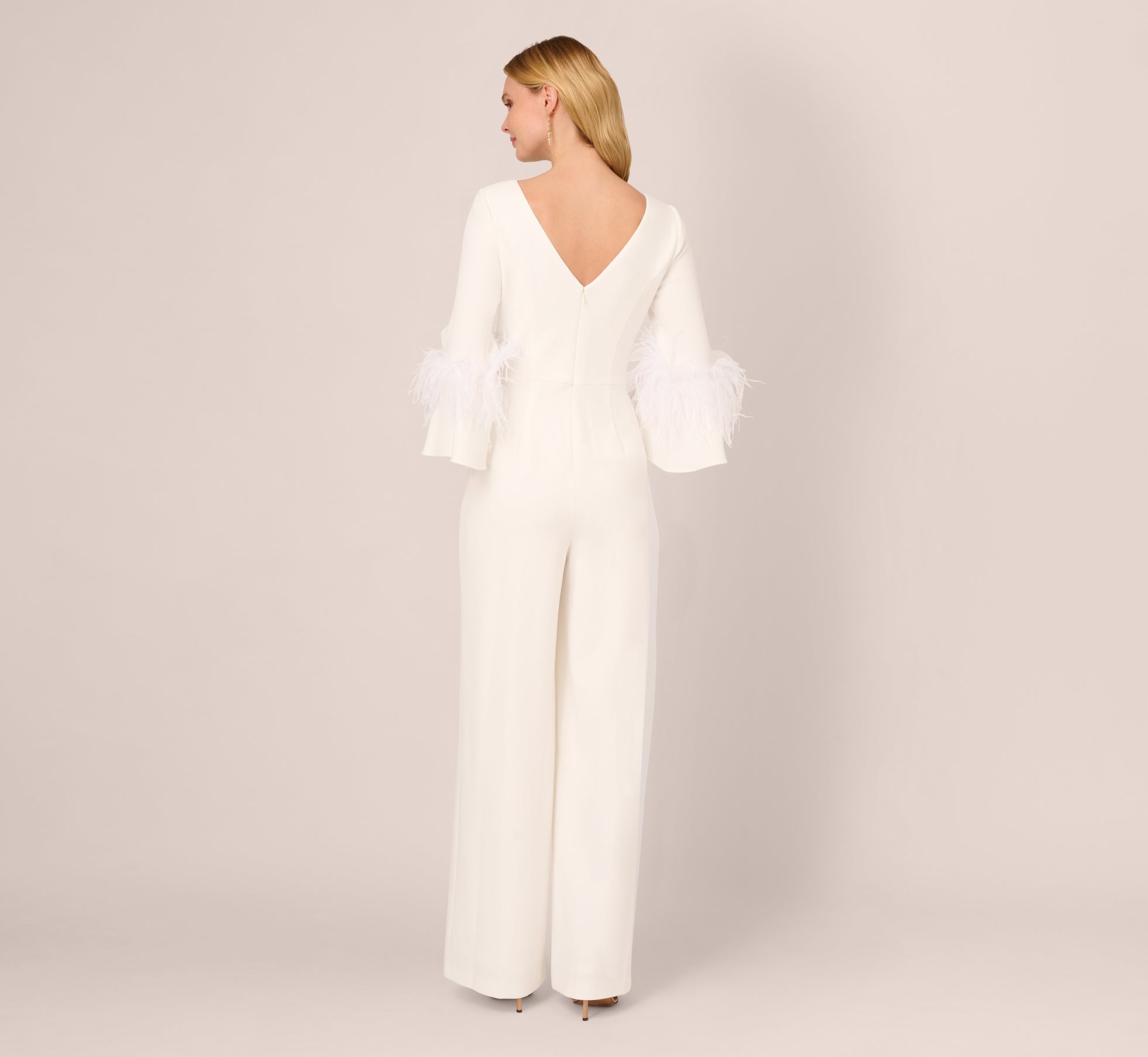 Stretch Crepe Jumpsuit With Feather Trim Bell Sleeves In Ivory