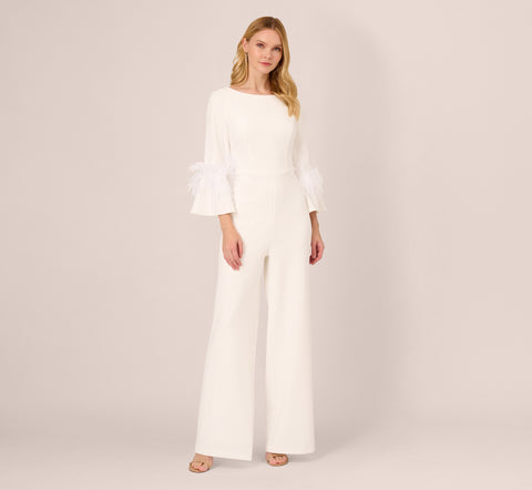 Stretch Crepe Jumpsuit With Feather Trim Bell Sleeves In Ivory