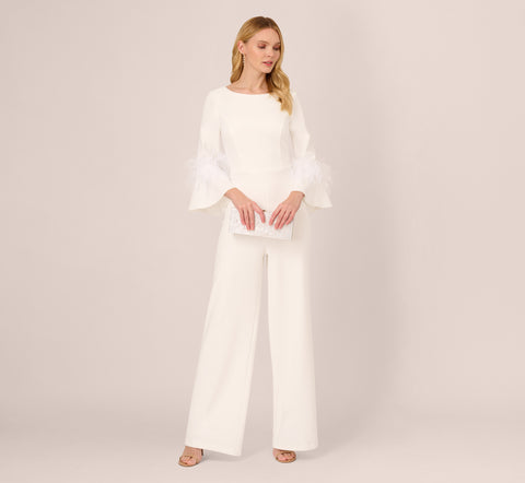 Stretch Crepe Jumpsuit With Feather Trim Bell Sleeves In Ivory