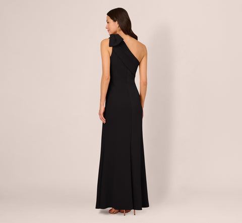 Stretch Crepe One Shoulder Mermaid Gown With Bow Accent In Black