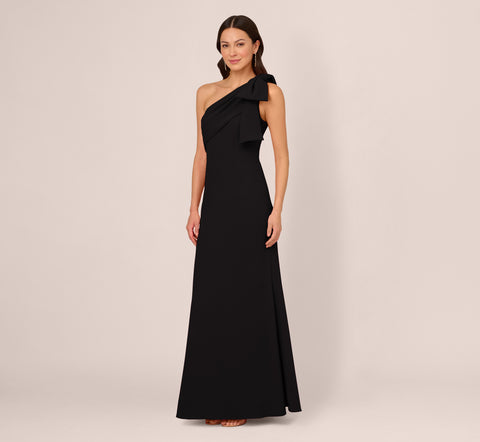 Stretch Crepe One Shoulder Mermaid Gown With Bow Accent In Black