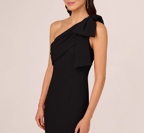 Stretch Crepe One Shoulder Mermaid Gown With Bow Accent In Black