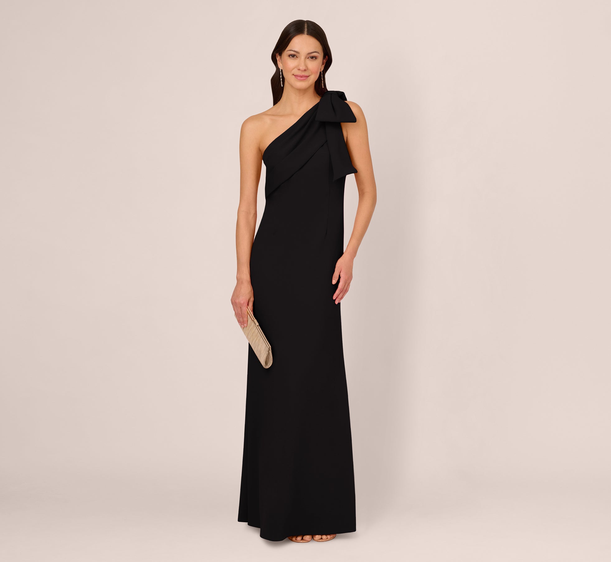 Stretch Crepe One Shoulder Mermaid Gown With Bow Accent In Black 1