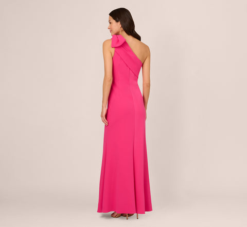 Stretch Crepe One Shoulder Mermaid Gown With Bow Accent In Hot Pink