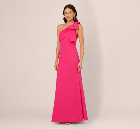 Stretch Crepe One Shoulder Mermaid Gown With Bow Accent In Hot Pink