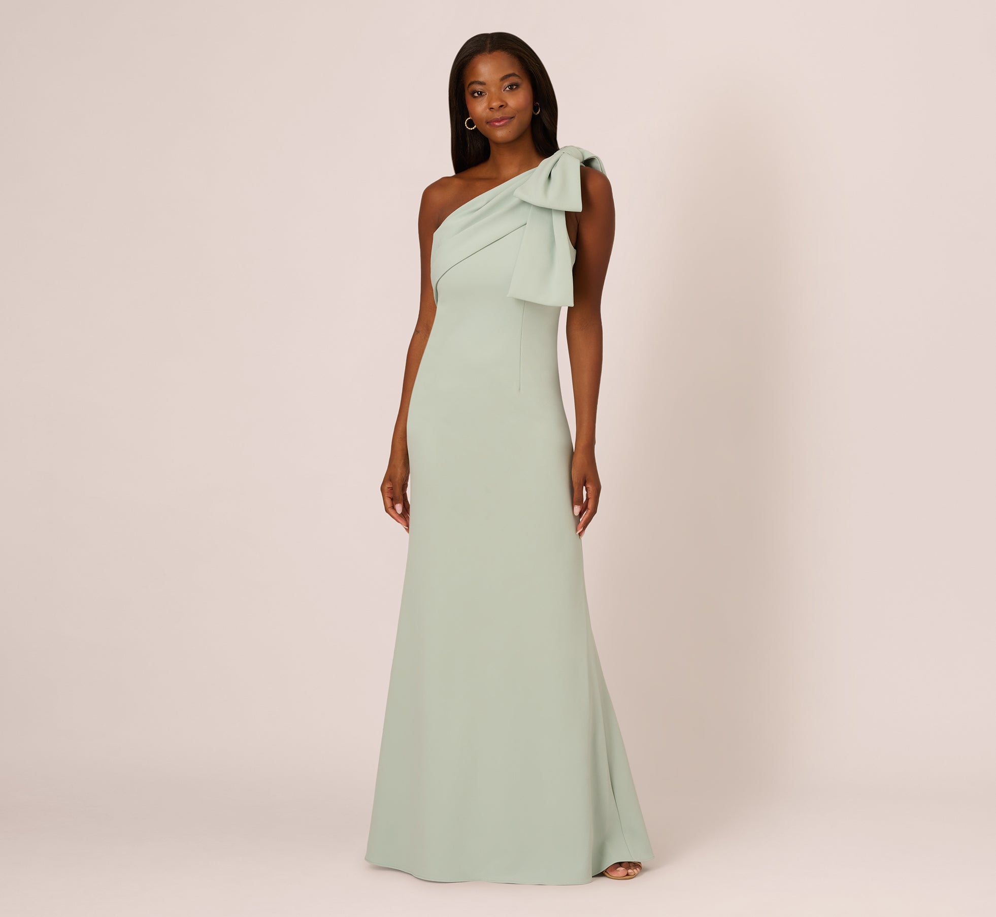 Stretch Crepe One Shoulder Mermaid Gown With Bow Accent In Icy Sage 1