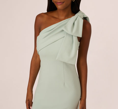 Stretch Crepe One Shoulder Mermaid Gown With Bow Accent In Icy Sage