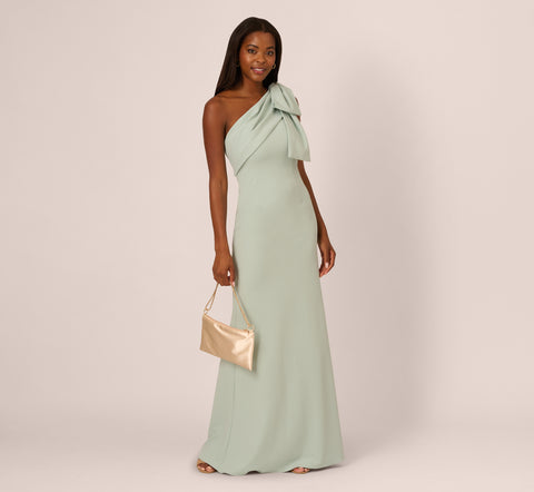 Stretch Crepe One Shoulder Mermaid Gown With Bow Accent In Icy Sage