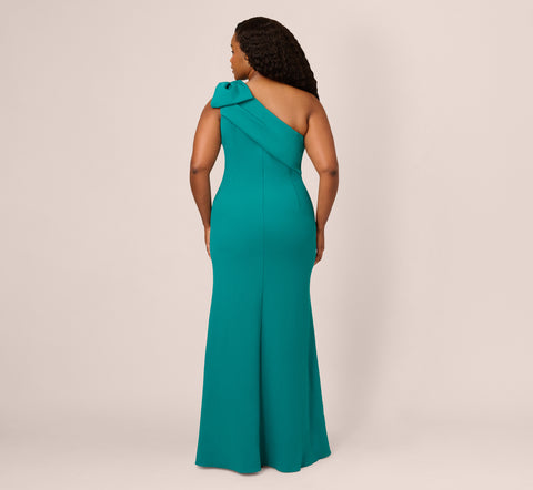 Plus Size Stretch Crepe One Shoulder Mermaid Gown With Bow Accent In Tempo Teal