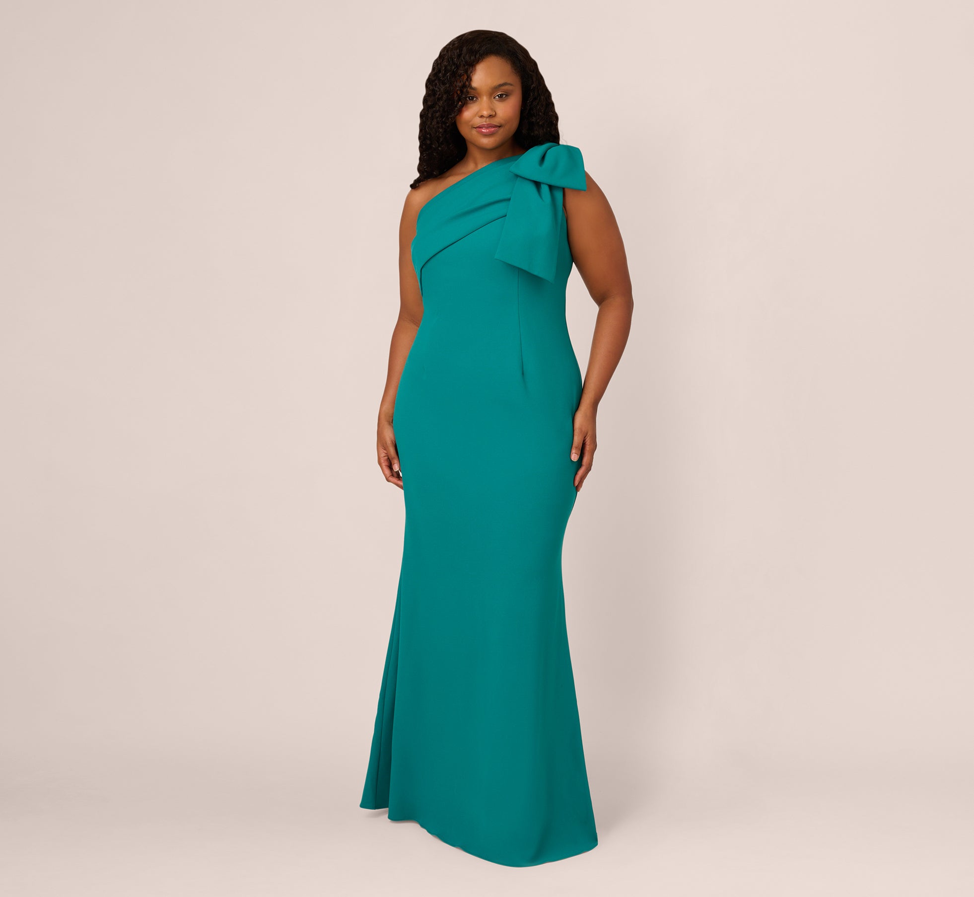 Plus Size Stretch Crepe One Shoulder Mermaid Gown With Bow Accent In Tempo Teal 1