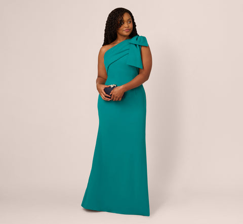 Plus Size Stretch Crepe One Shoulder Mermaid Gown With Bow Accent In Tempo Teal