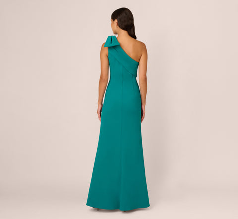 Stretch Crepe One Shoulder Mermaid Gown With Bow Accent In Tempo Teal