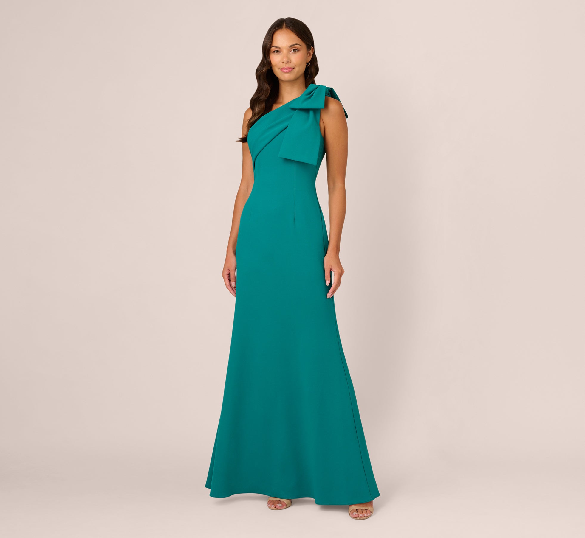 Stretch Crepe One Shoulder Mermaid Gown With Bow Accent In Tempo Teal 1