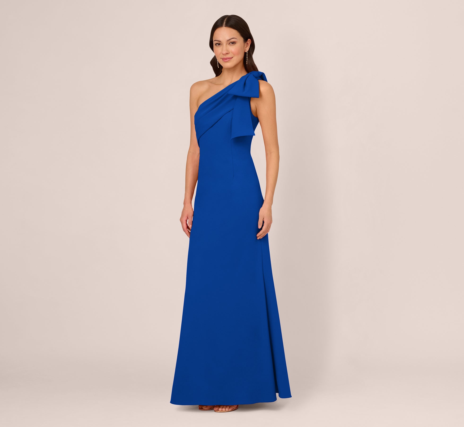 Stretch Crepe One Shoulder Mermaid Gown With Bow Accent In Violet Cobalt 1