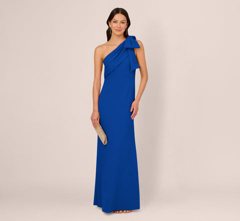 Stretch Crepe One Shoulder Mermaid Gown With Bow Accent In Violet Cobalt