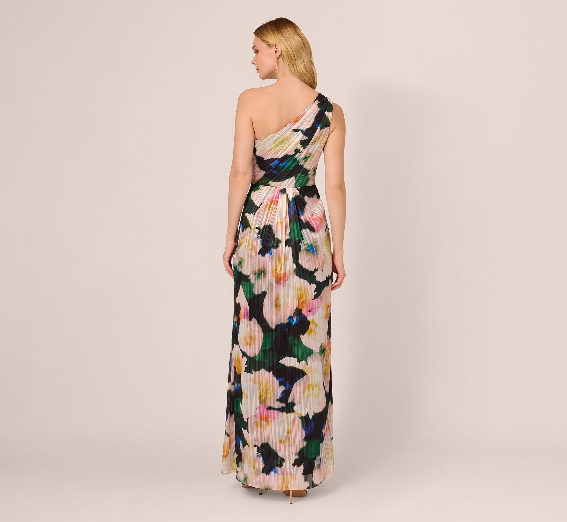 Floral Print Chiffon Gown With One Shoulder Neckline In Black