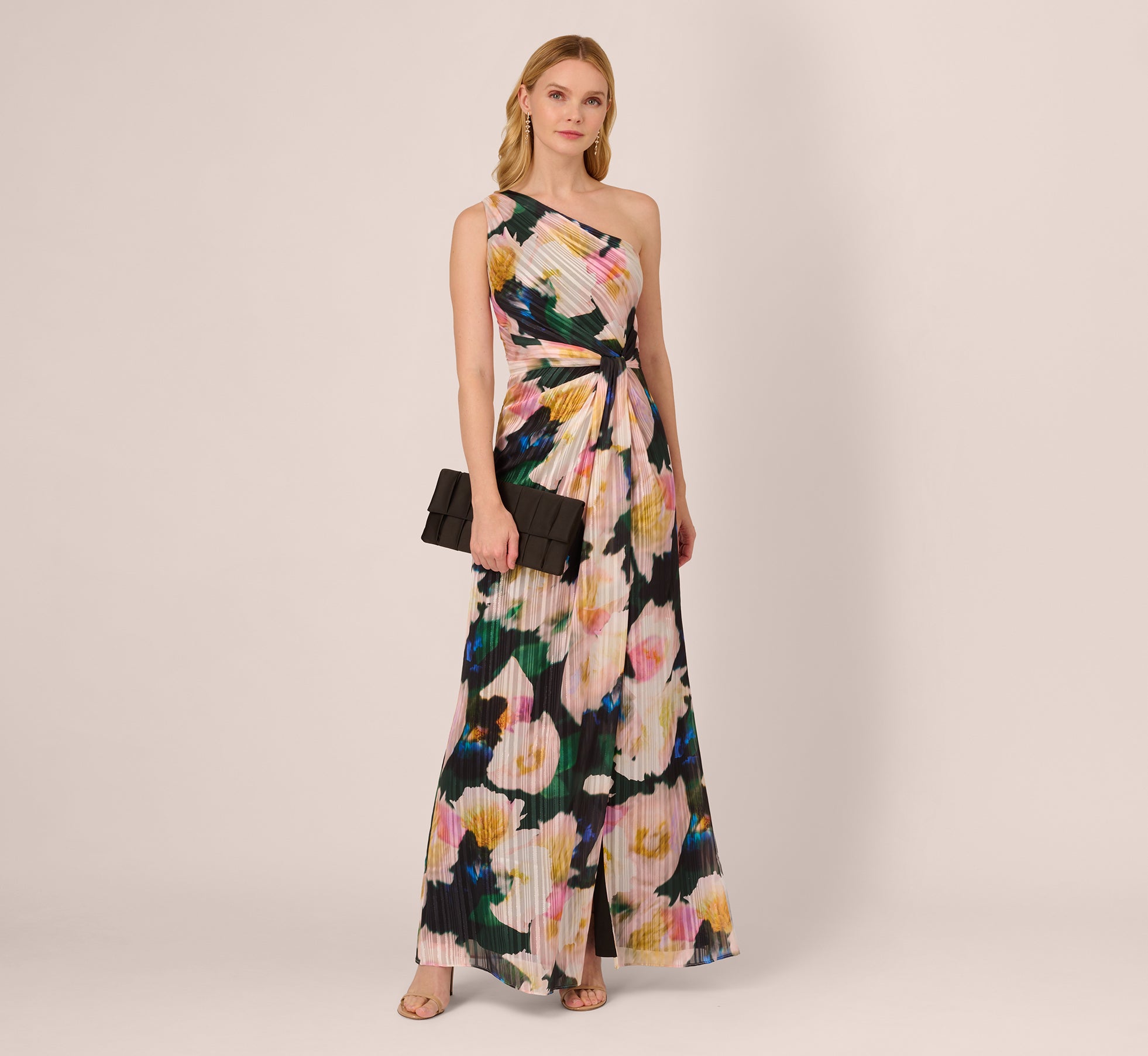 Floral Print Chiffon Gown With One Shoulder Neckline In Black