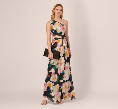 Floral Print Chiffon Gown With One Shoulder Neckline In Black Blush Multi