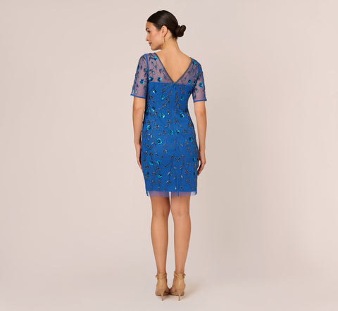 3D Floral Beaded Dress With Sheer Short Sleeves In Blue Horizon