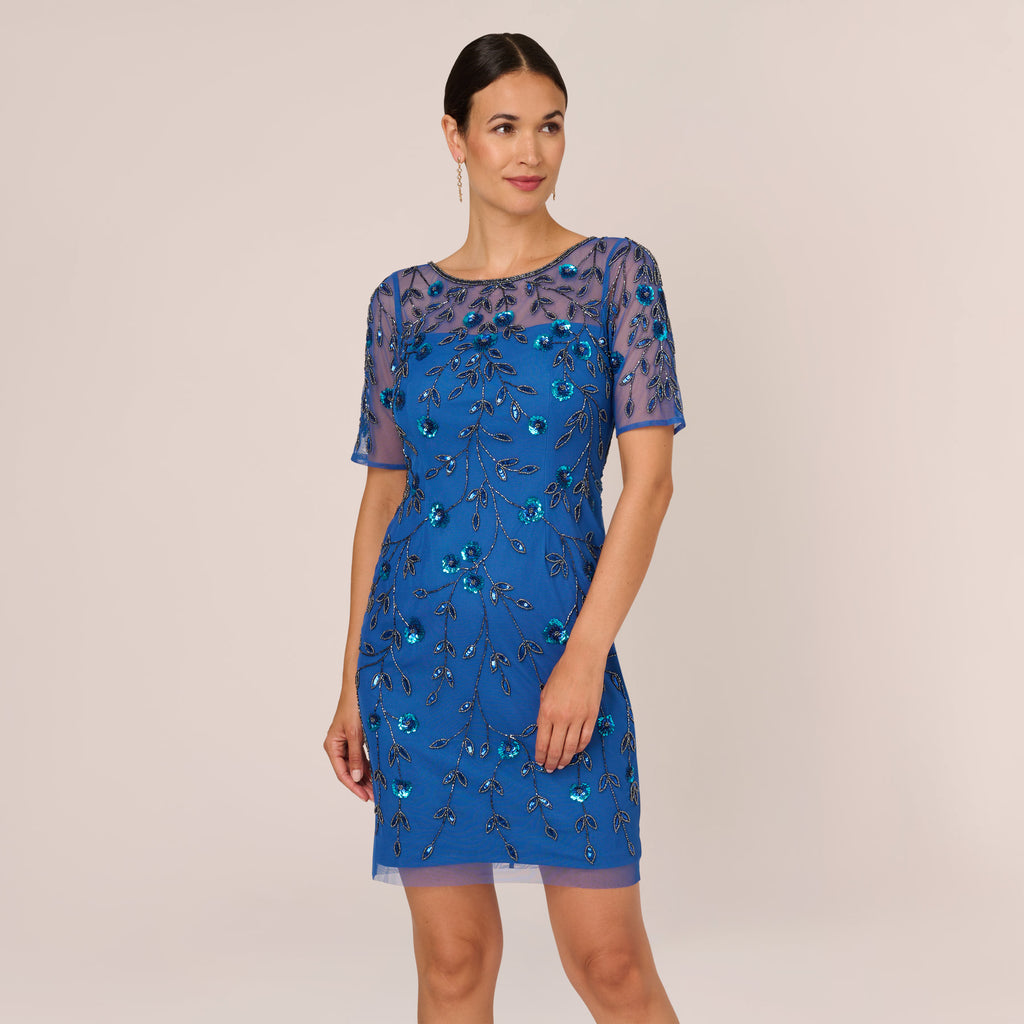 3D Floral Beaded Dress With Sheer Short Sleeves In Blue Horizon ...