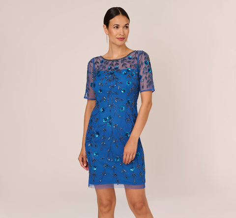 3D Floral Beaded Dress With Sheer Short Sleeves In Blue Horizon