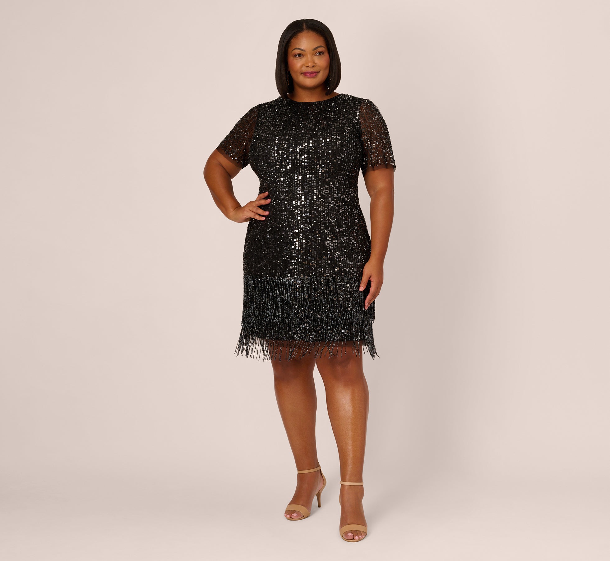 Plus Size Beaded Fringe Dress With Sheer Short Sleeves In Black