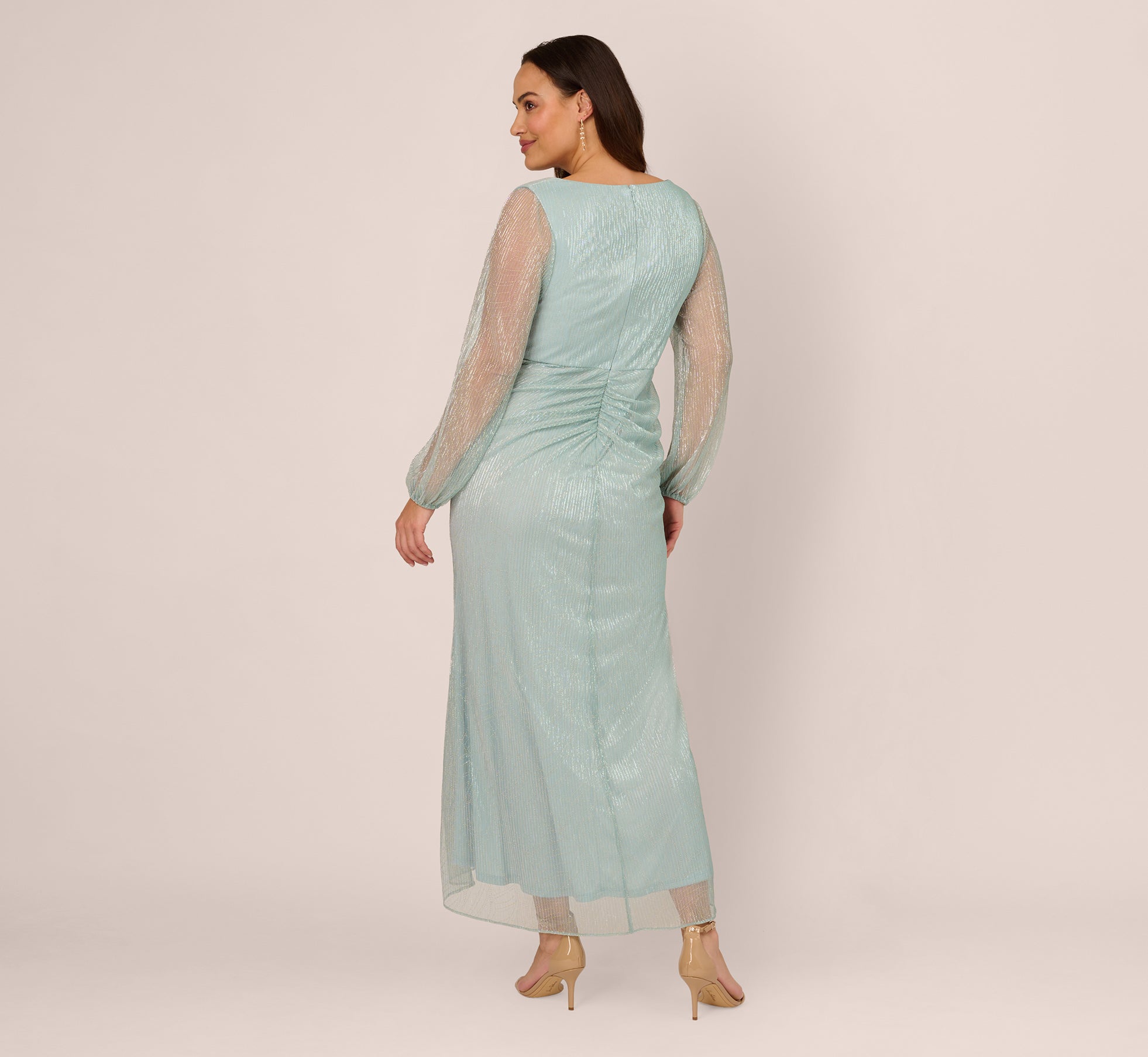 Plus Size Crinkle Metallic Gown With Sheer Bishop Sleeves And