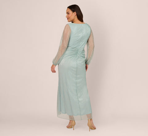 Plus Size Crinkle Metallic Gown With Sheer Bishop Sleeves And Draped Details In Mint Smoke