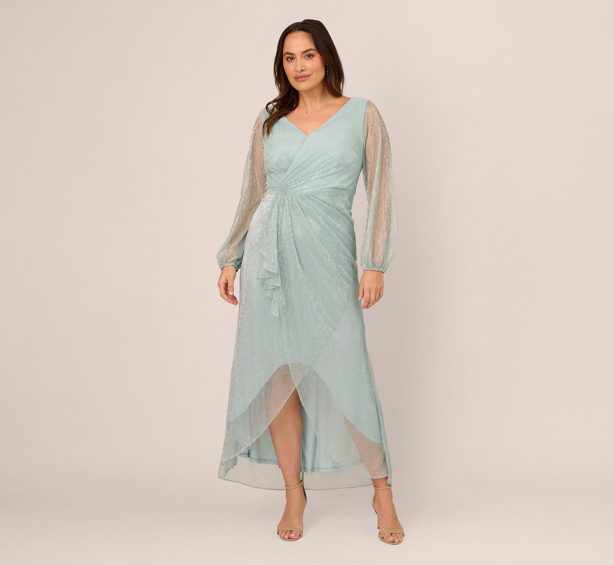 Plus Size Crinkle Metallic Gown With Sheer Bishop Sleeves And Draped Details In Mint Smoke 1