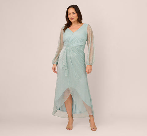 Plus Size Crinkle Metallic Gown With Sheer Bishop Sleeves And Draped Details In Mint Smoke