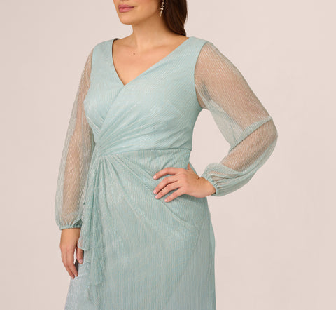 Plus Size Crinkle Metallic Gown With Sheer Bishop Sleeves And Draped Details In Mint Smoke