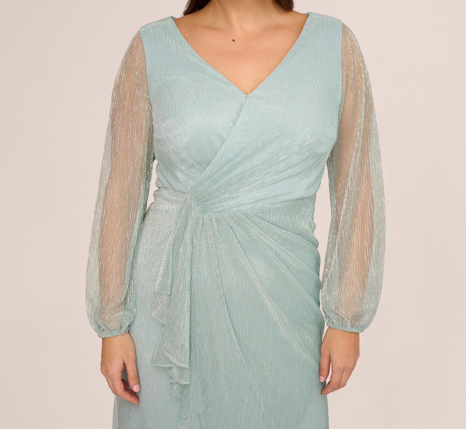 Plus Size Crinkle Metallic Gown With Sheer Bishop Sleeves And