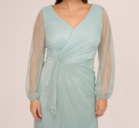 Plus Size Crinkle Metallic Gown With Sheer Bishop Sleeves And Draped Details In Mint Smoke