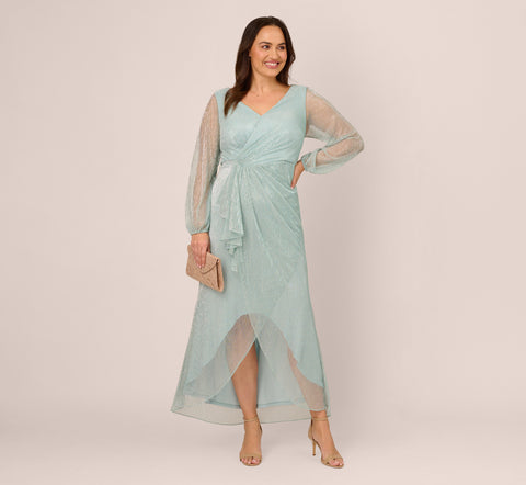 Plus Size Crinkle Metallic Gown With Sheer Bishop Sleeves And Draped Details In Mint Smoke