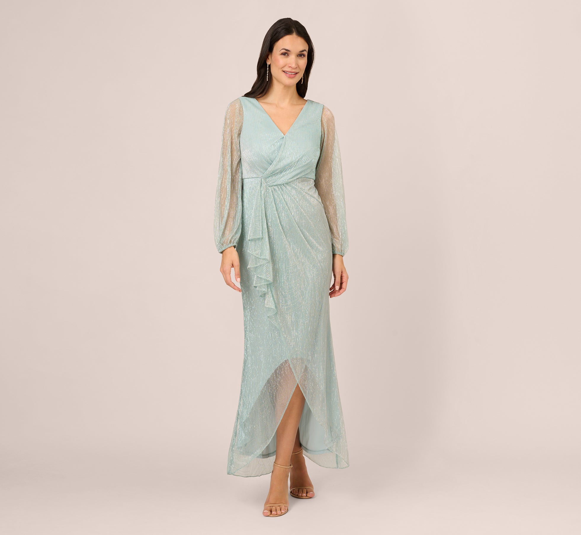 Crinkle Metallic Gown With Sheer Bishop Sleeves And Draped Details In Mint Smoke 1