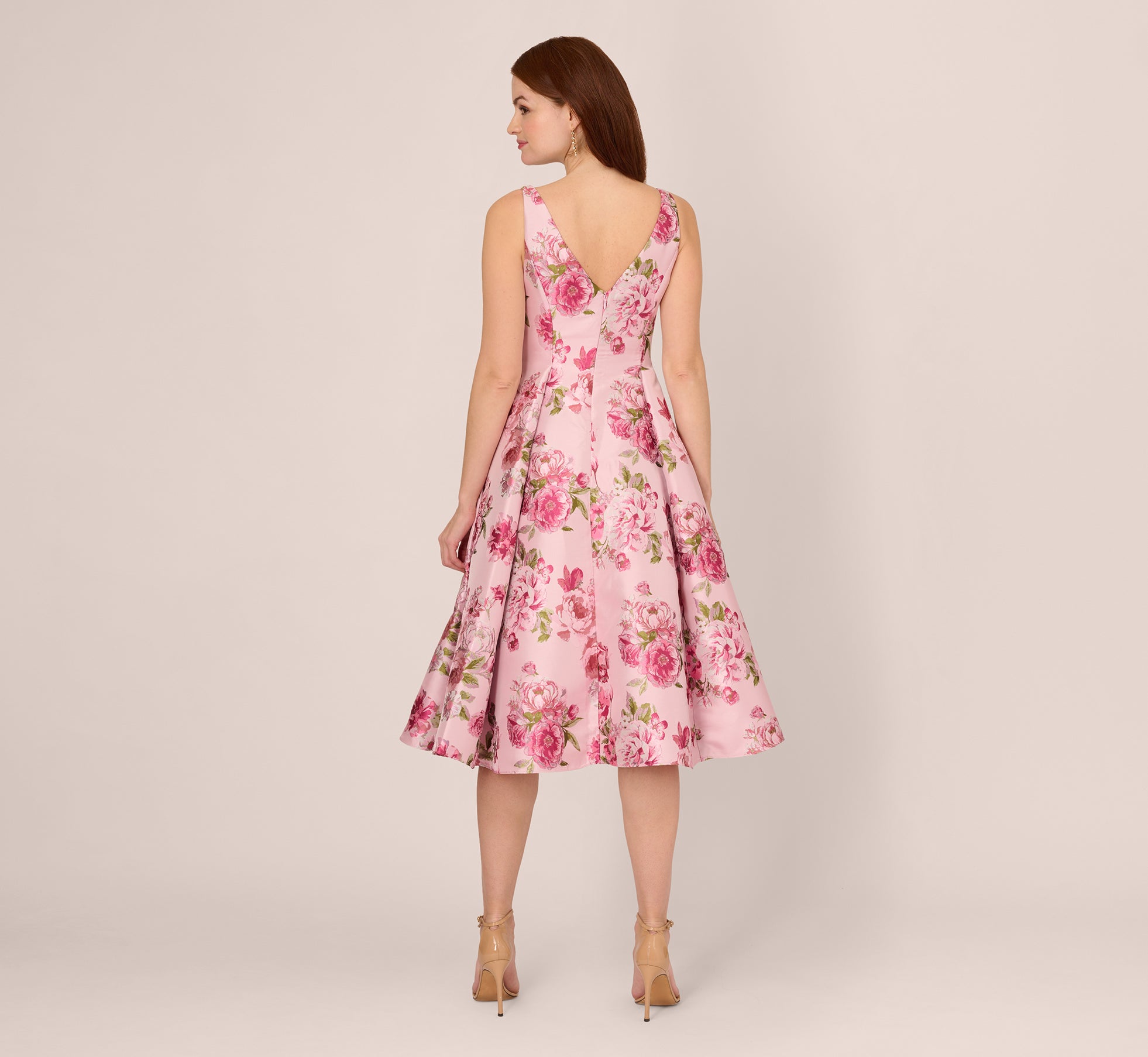 Floral Jacquard Fit And Flare Midi Dress In Blush Multi Adrianna