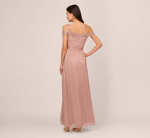 Crinkle Metallic Gown With Asymmetrical Neckline In Petal Gold