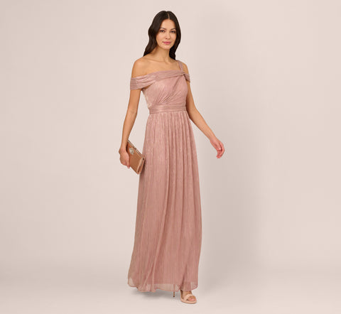 Crinkle Metallic Gown With Asymmetrical Neckline In Petal Gold