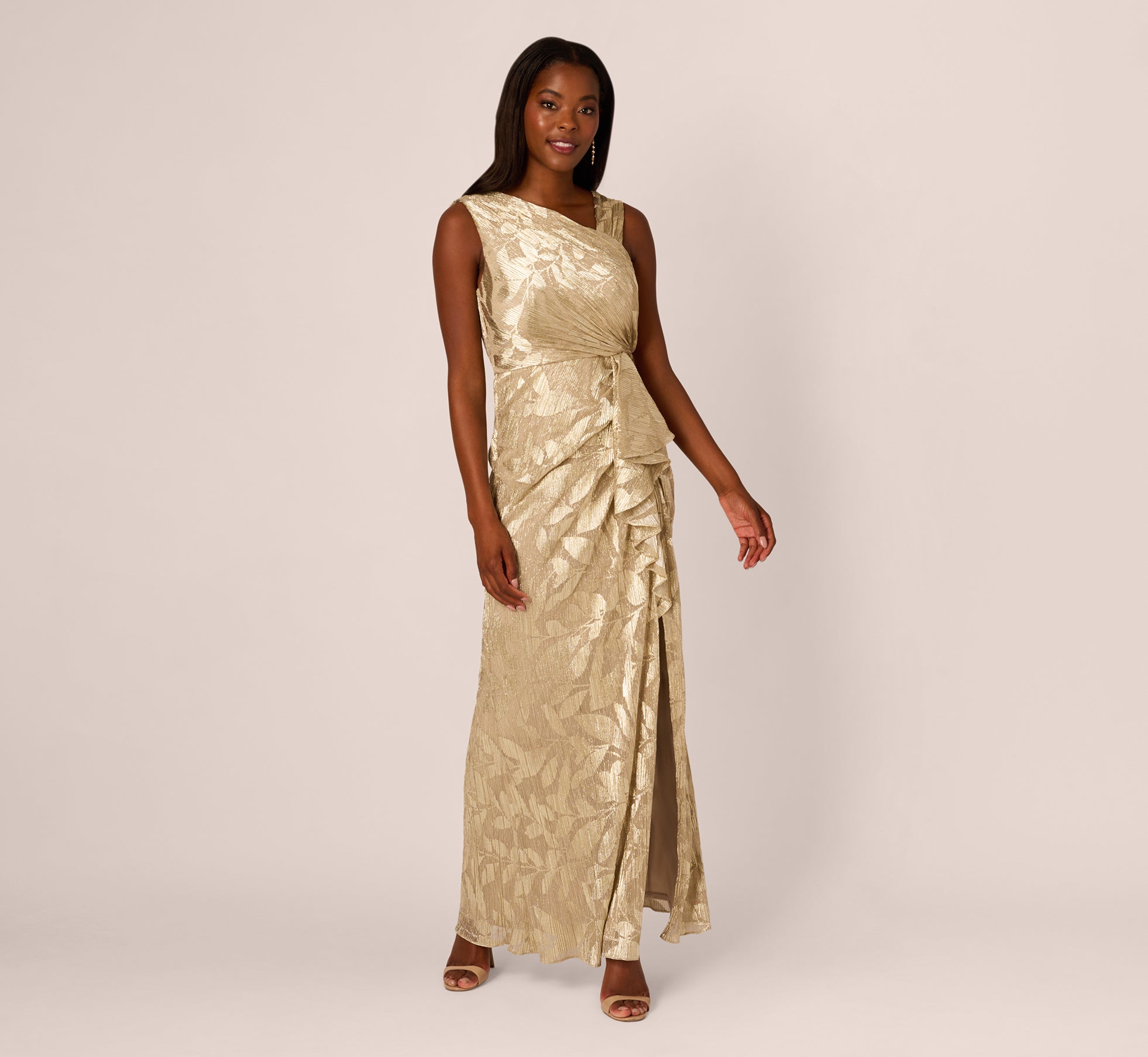 Foil Printed Asymmetric Gown With Ruffled Detail In Champagne Gold 1