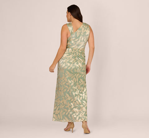 Plus Size Foil Printed Asymmetric Gown With Ruffled Detail In Sage Gold