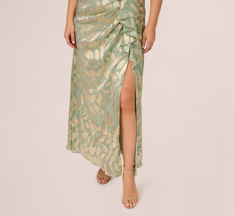 Plus Size Foil Printed Asymmetric Gown With Ruffled Detail In Sage Gold