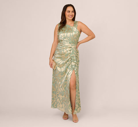 Plus Size Foil Printed Asymmetric Gown With Ruffled Detail In Sage Gold