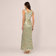 Foil Printed Asymmetric Gown With Ruffled Detail In Sage Gold