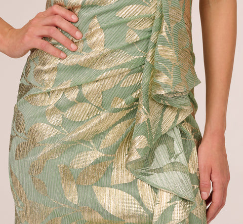 Foil Printed Asymmetric Gown With Ruffled Detail In Sage Gold