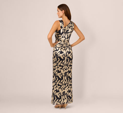 Foil Printed Asymmetric Gown With Ruffled Detail In Navy Gold